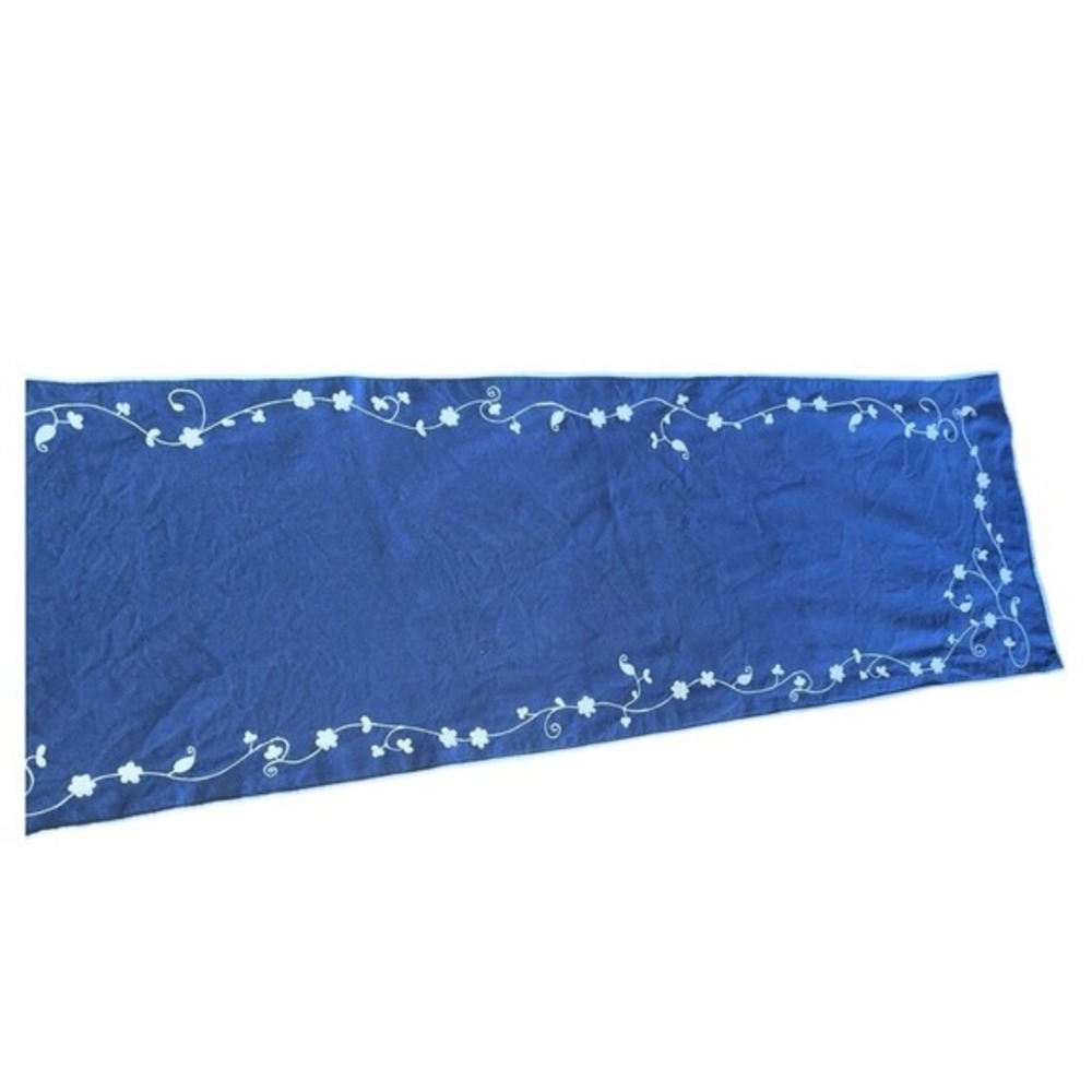 Pottery Barn Floral Embroidered Blue Cream Table Runner 108"x16" - Picture 4 of 8